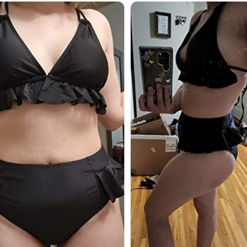 SPORLIKE Ruffle V Neck High Waisted Bikini in Black Size XL